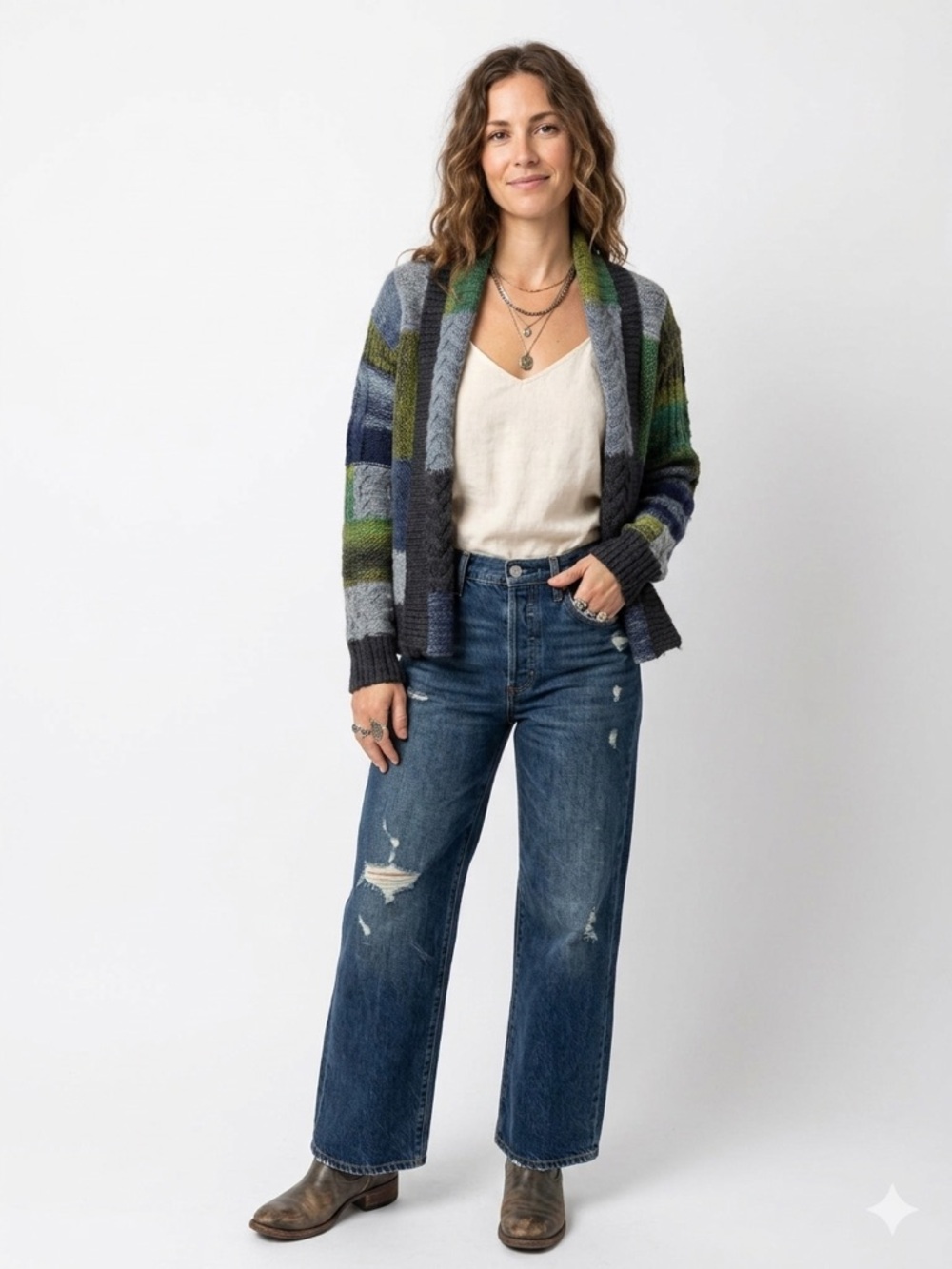 Hinge Patchwork Knit Cardigan Sweater Blue Green Boho Coastal Grandma Gorpcore